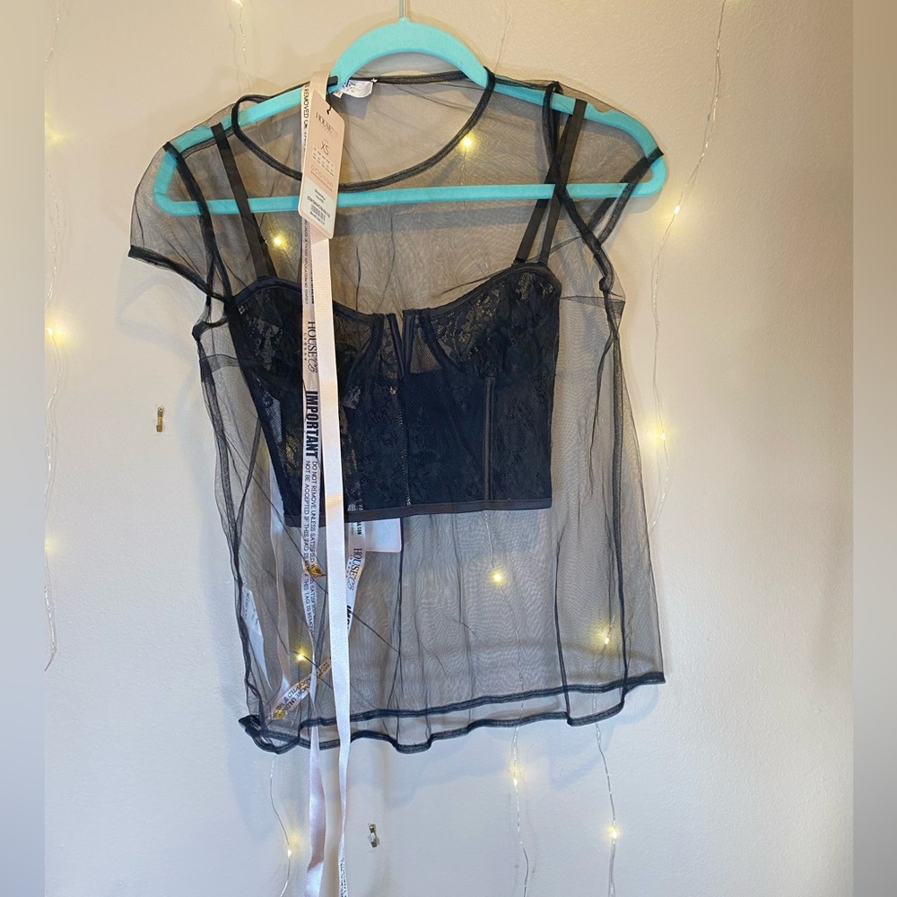 $89 NWT House Of CB Kya Bustier And Mesh Top In Black